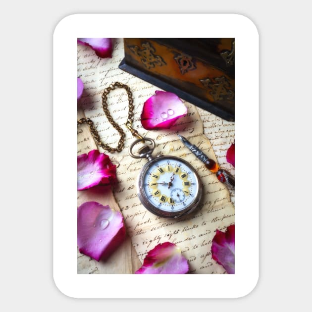 Old pocket Watch And Rose Petals Sticker by photogarry